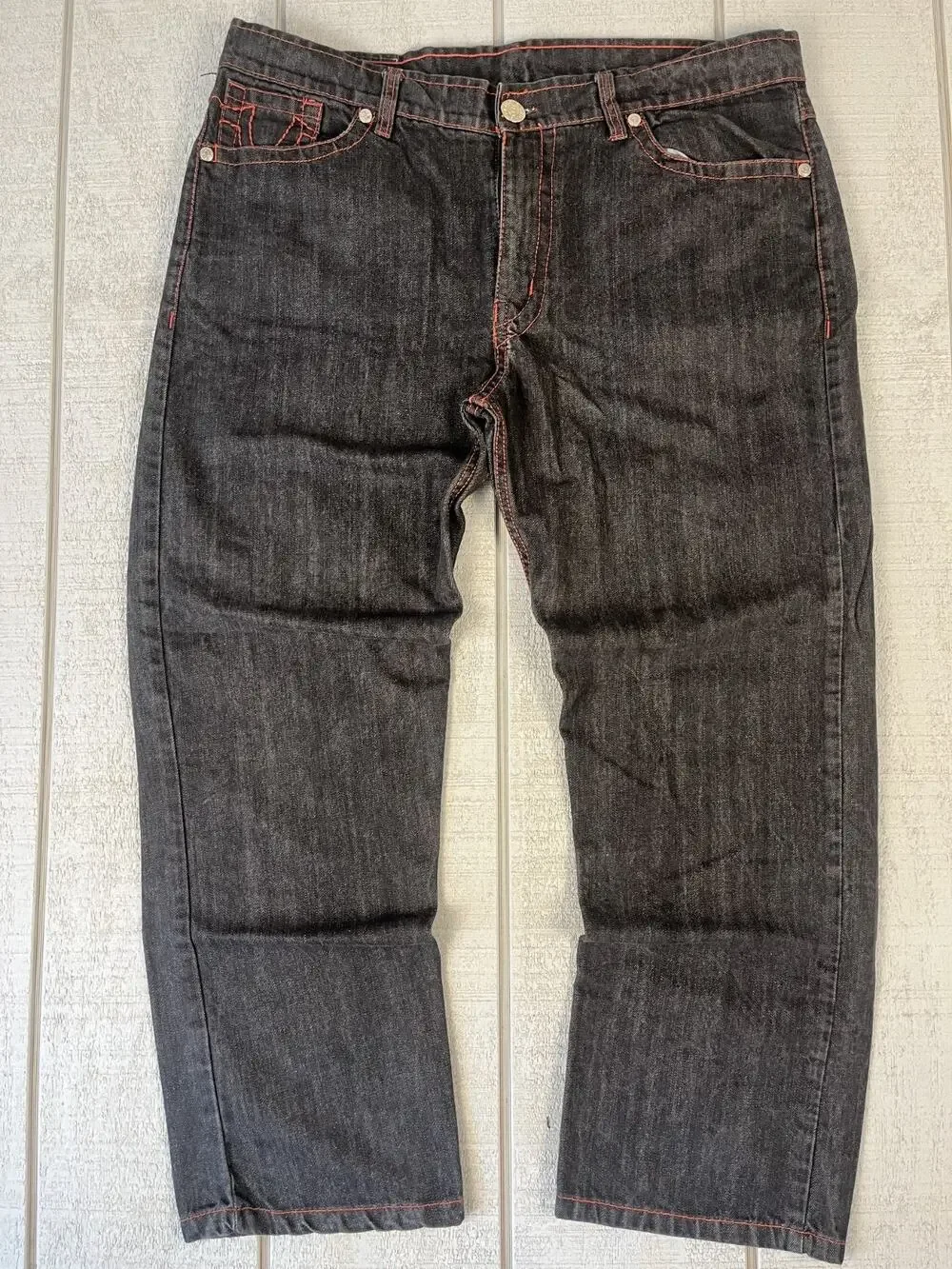 True Religion Billy Giant Big T Red Stitch Jeans Mens 42 Black Y2K Streetwear